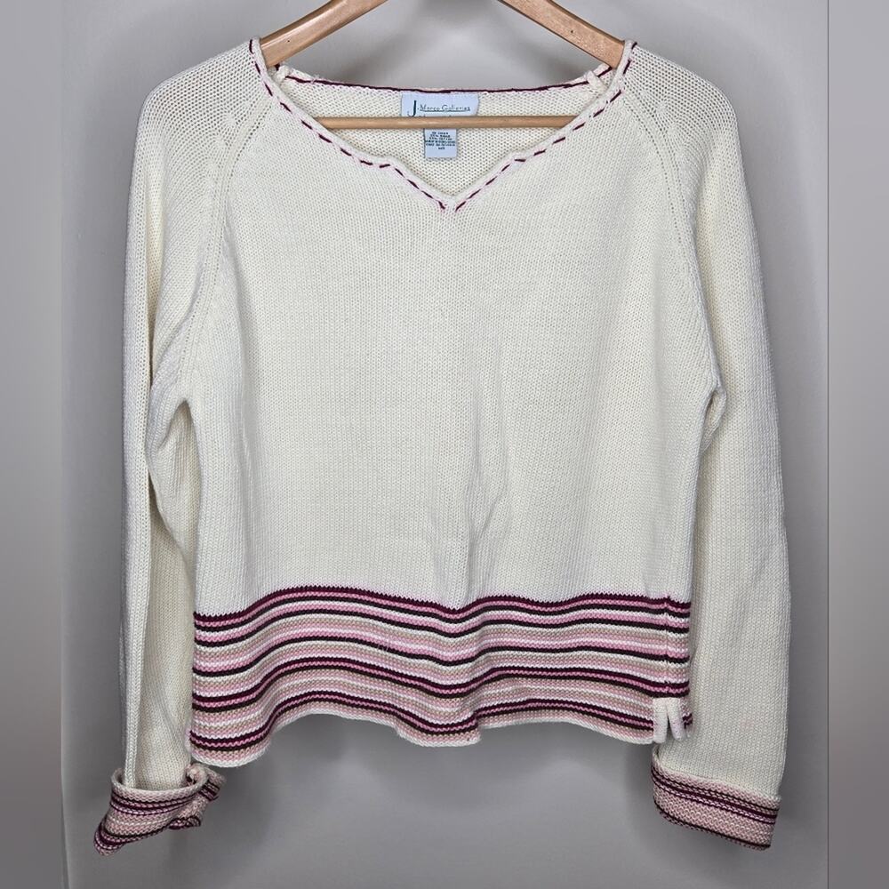 J. Marco Galleries Cream Pink & Burgundy Striped Longslv V-neck Sweater Size M